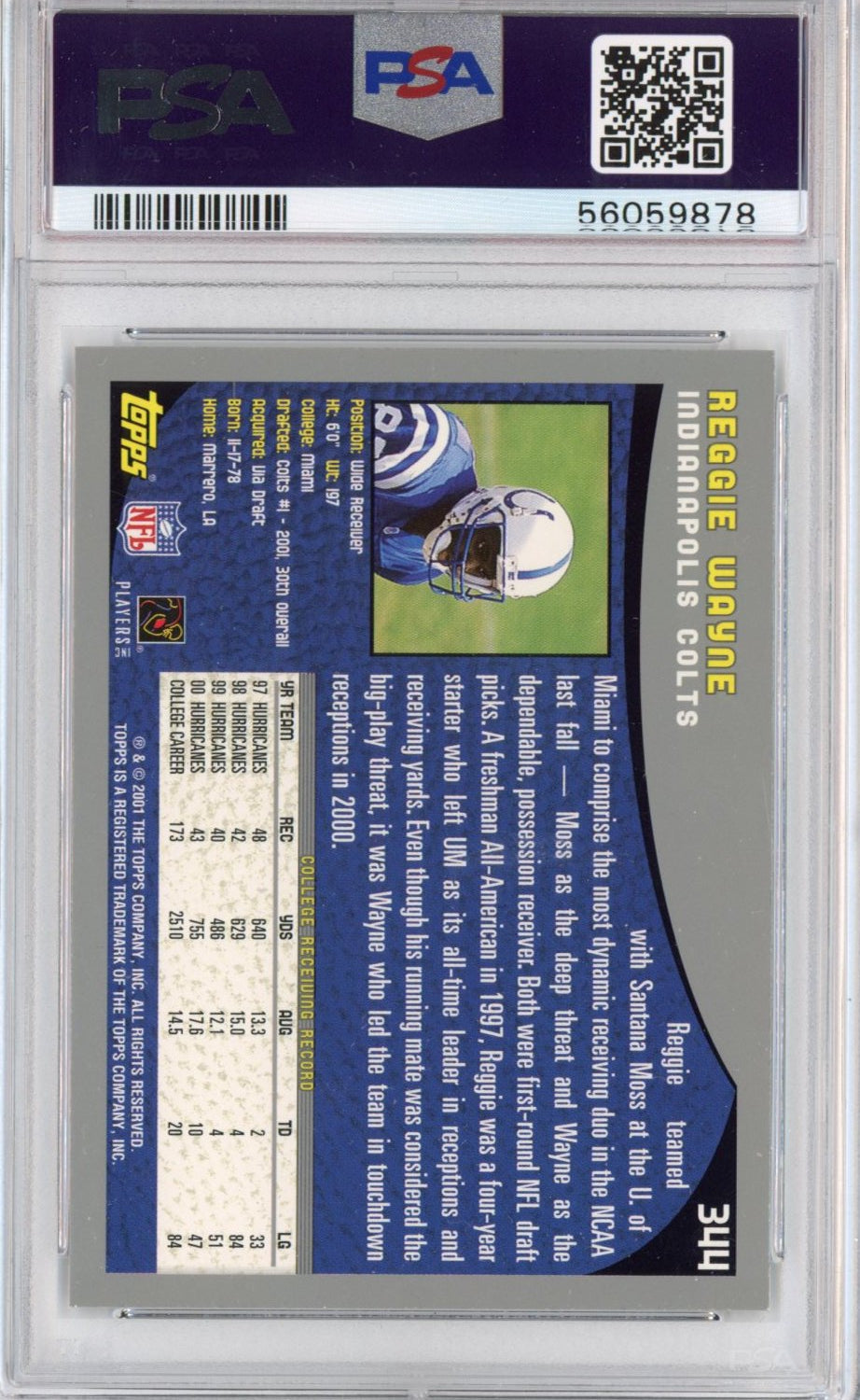 Graded 2001 Topps Collection Reggie Wayne #344 Rookie RC Football Card PSA 10 Gem Mint