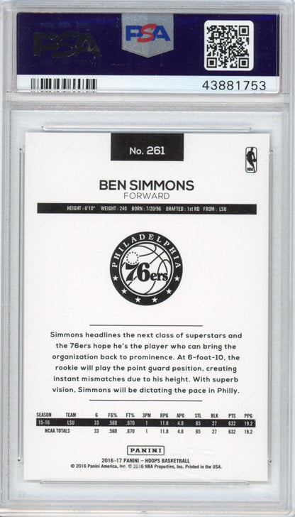Graded 2016-17 Panini Hoops Ben Simmons #261 Rookie RC Basketball Card PSA 10 Gem Mint