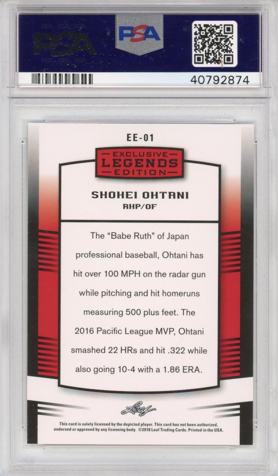 Graded 2018 Leaf Legends Shohei Ohtani #EE-01 Edition Rookie RC Baseball Card PSA 10 Gem Mint