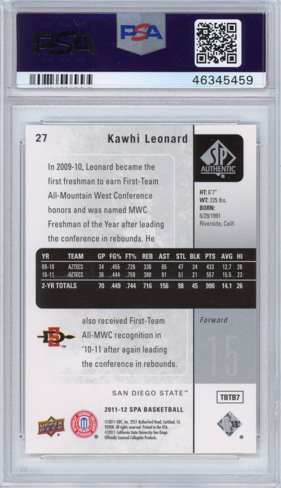 Graded 2011-12 Upper Deck UD SP Authentic Kawhi Leonard #27 Rookie RC Basketball Card PSA 10 Gem Mint
