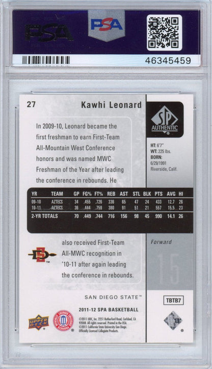 Graded 2011-12 Upper Deck UD SP Authentic Kawhi Leonard #27 Rookie RC Basketball Card PSA 10 Gem Mint