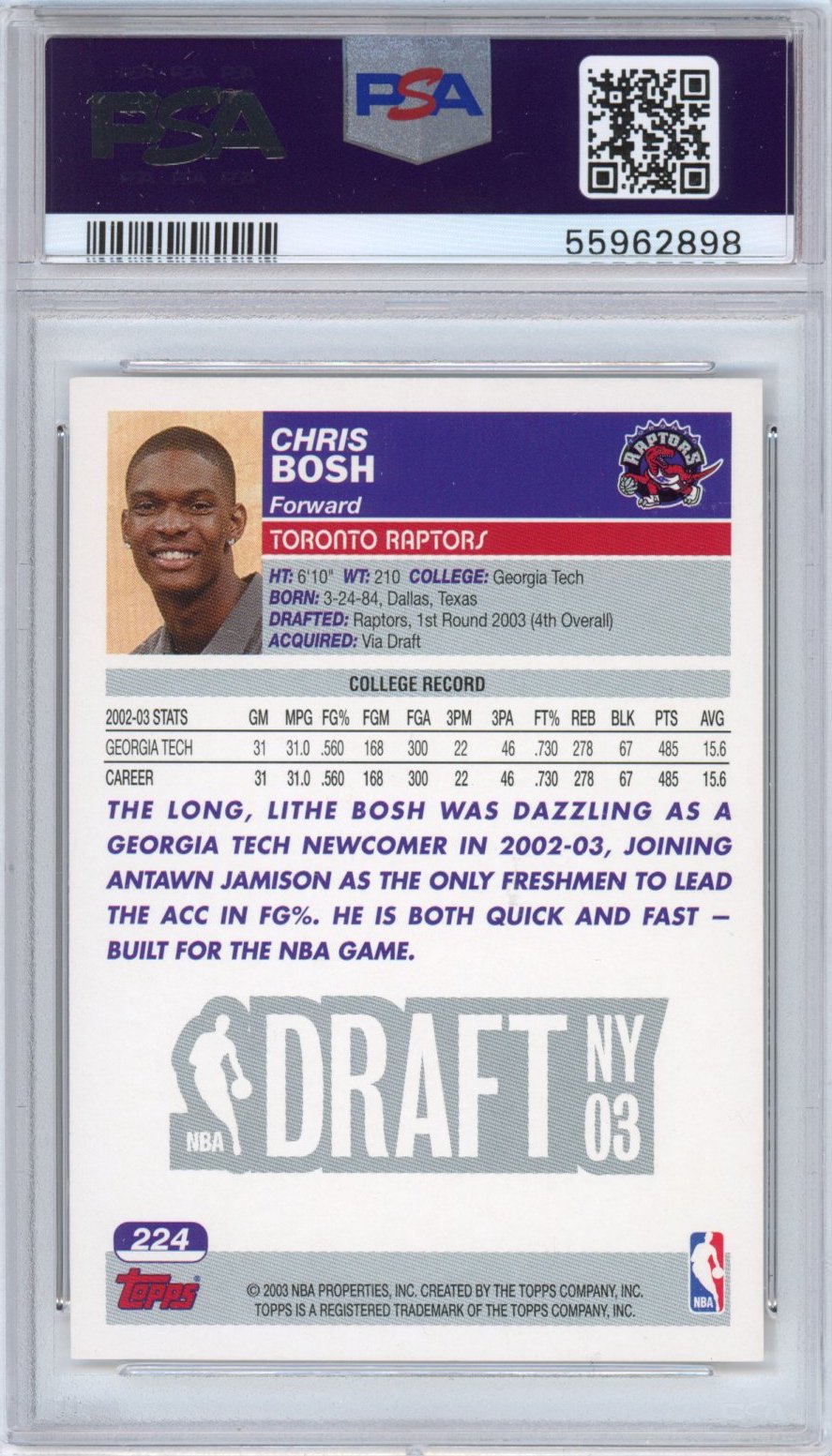 Graded 2003-04 Topps Chris Bosh #224 Rookie RC Basketball Card PSA 10 Gem Mint