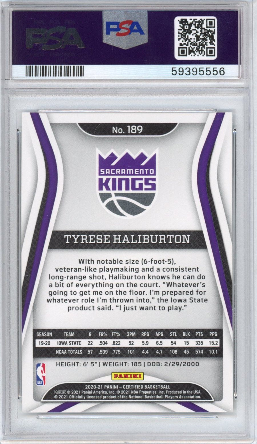 Graded 2020-21 Panini Certified Tyrese Haliburton #189 Rookie RC Basketball Card PSA 10 Gem Mint