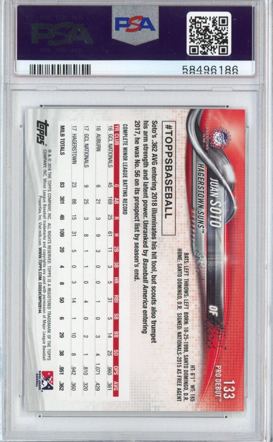 Graded 2018 Topps Pro Debut Juan Soto #133 Rookie RC Baseball Card PSA 10 Gem Mint