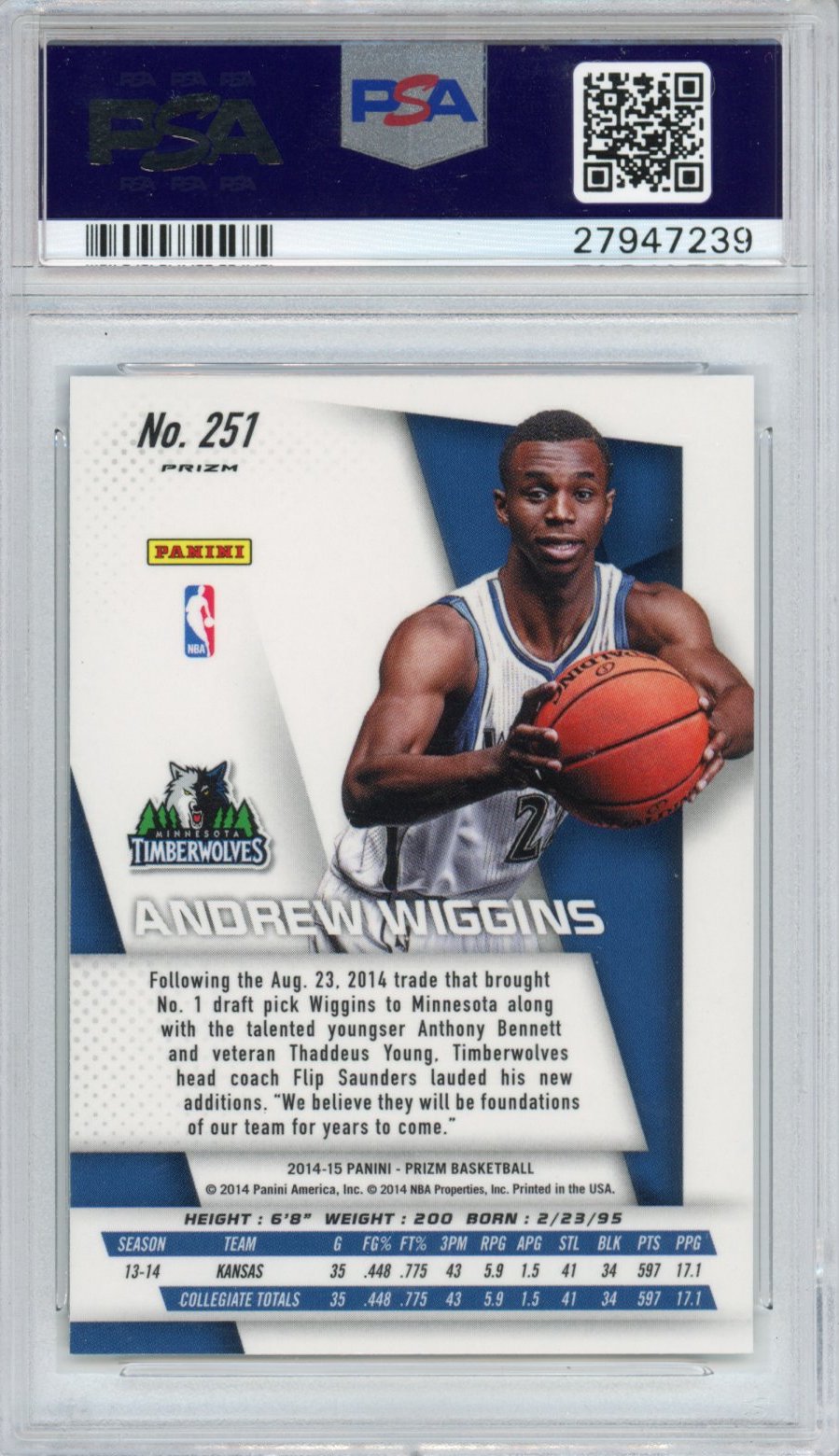 Graded 2014-15 Panini Prizm Andrew Wiggins #251 Blue/Green Mosaic Rookie RC Basketball Card PSA 10 Gem Mint