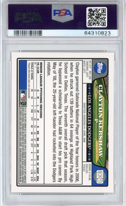 Graded 2008 Topps Update & Highlights Clayton Kershaw #UH240 Rookie RC Baseball Card PSA 9 Mint