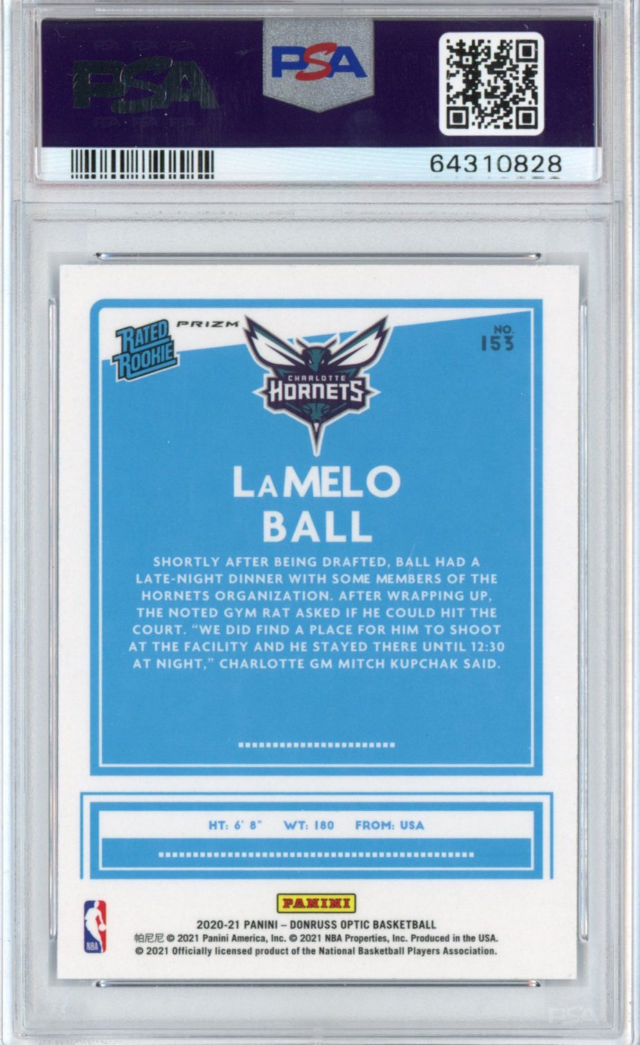 Graded 2020-21 Panini Donruss Optic LaMelo Ball #153 Blue Velocity Rated Rookie RC Basketball Card PSA 10 Gem Mint