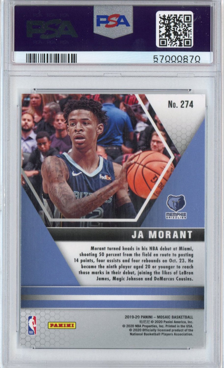 Graded 2019-20 Panini Mosaic Ja Morant #274 Rookie RC Basketball Card PSA 10 Gem Mint