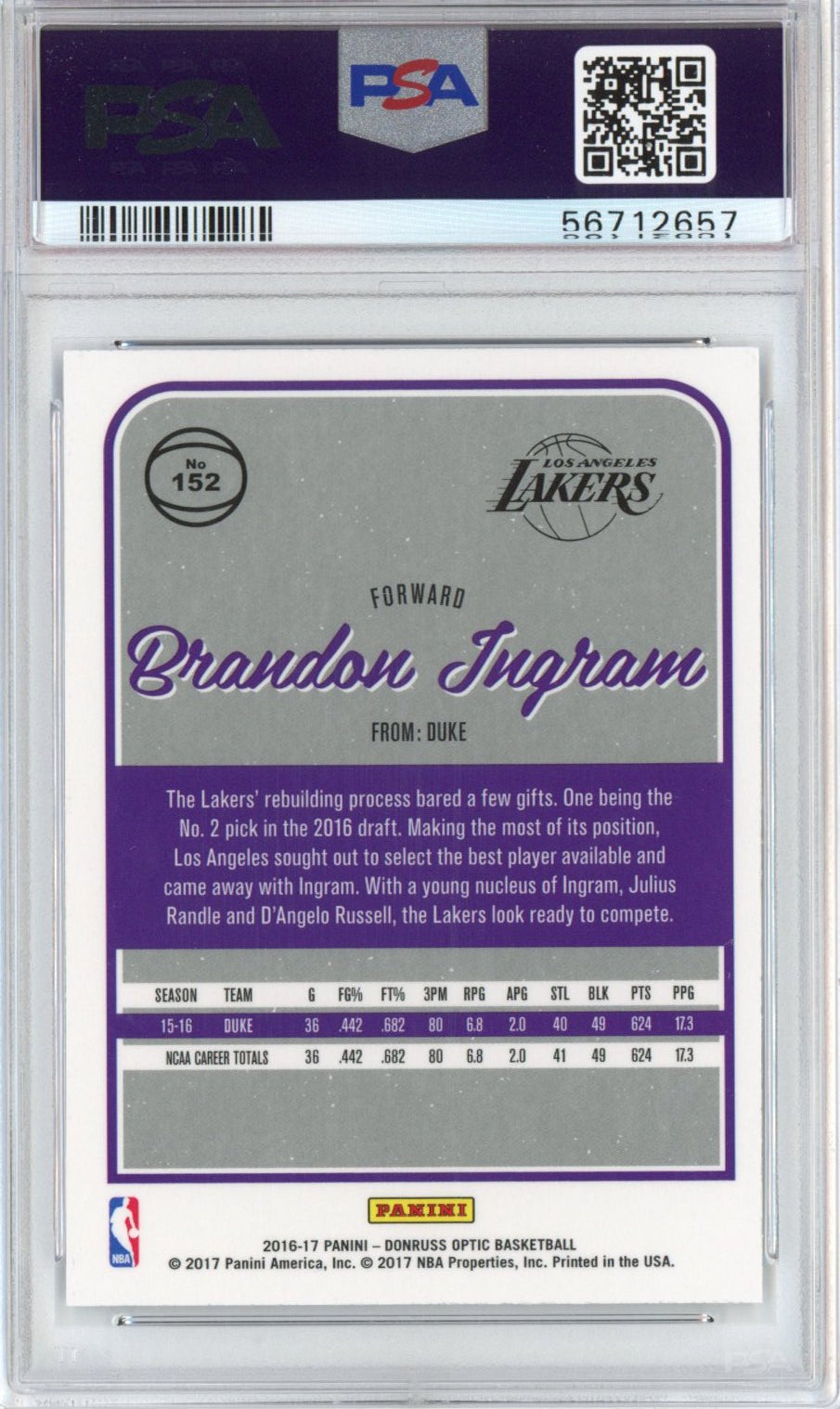 Graded 2016-17 Panini Donruss Optic Brandon Ingram #152 Rookie RC Basketball Card PSA 10 Gem Mint