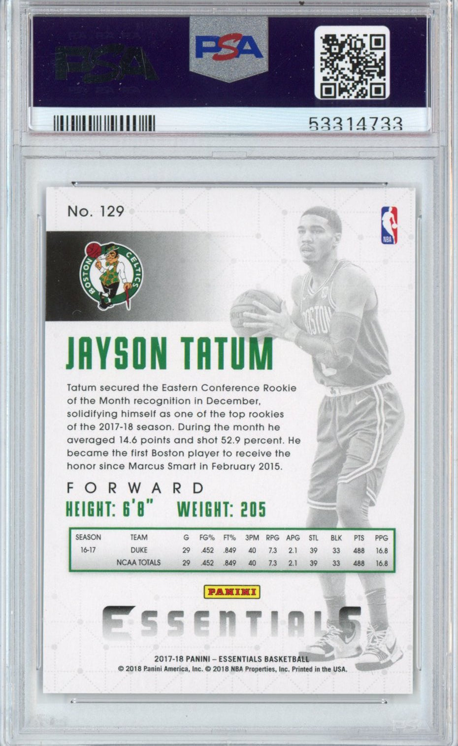 Graded 2017-18 Panini Essentials Jayson Tatum #129 Retail Rookie RC Basketball Card PSA 10 Gem Mint