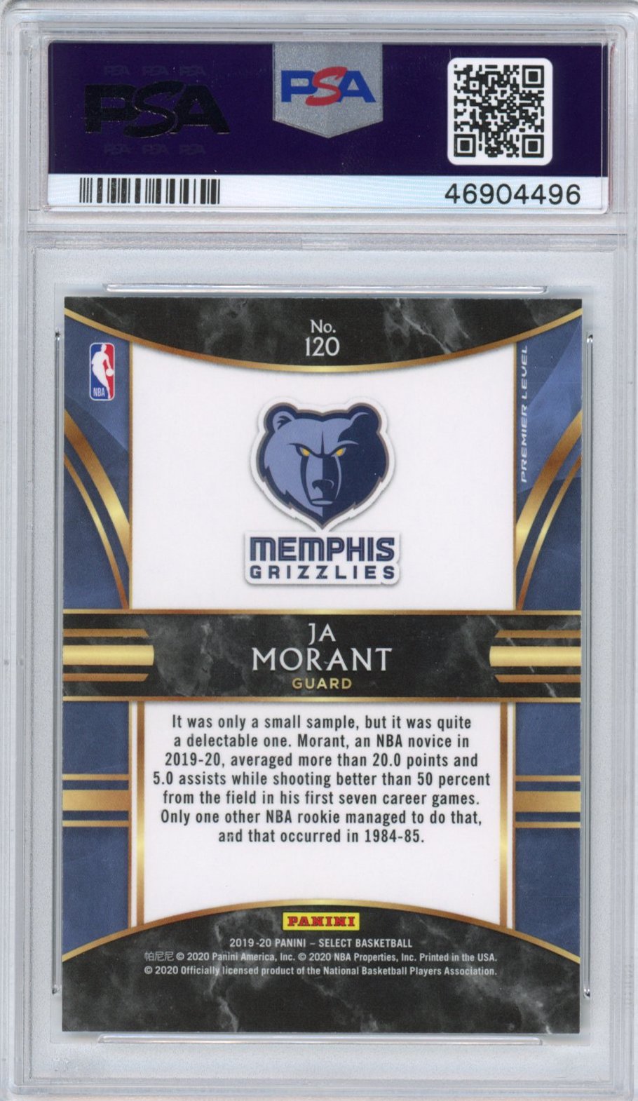 Graded 2019-20 Panini Select Ja Morant #120 Premier Level Rookie RC Basketball Card PSA 10 Gem Mint