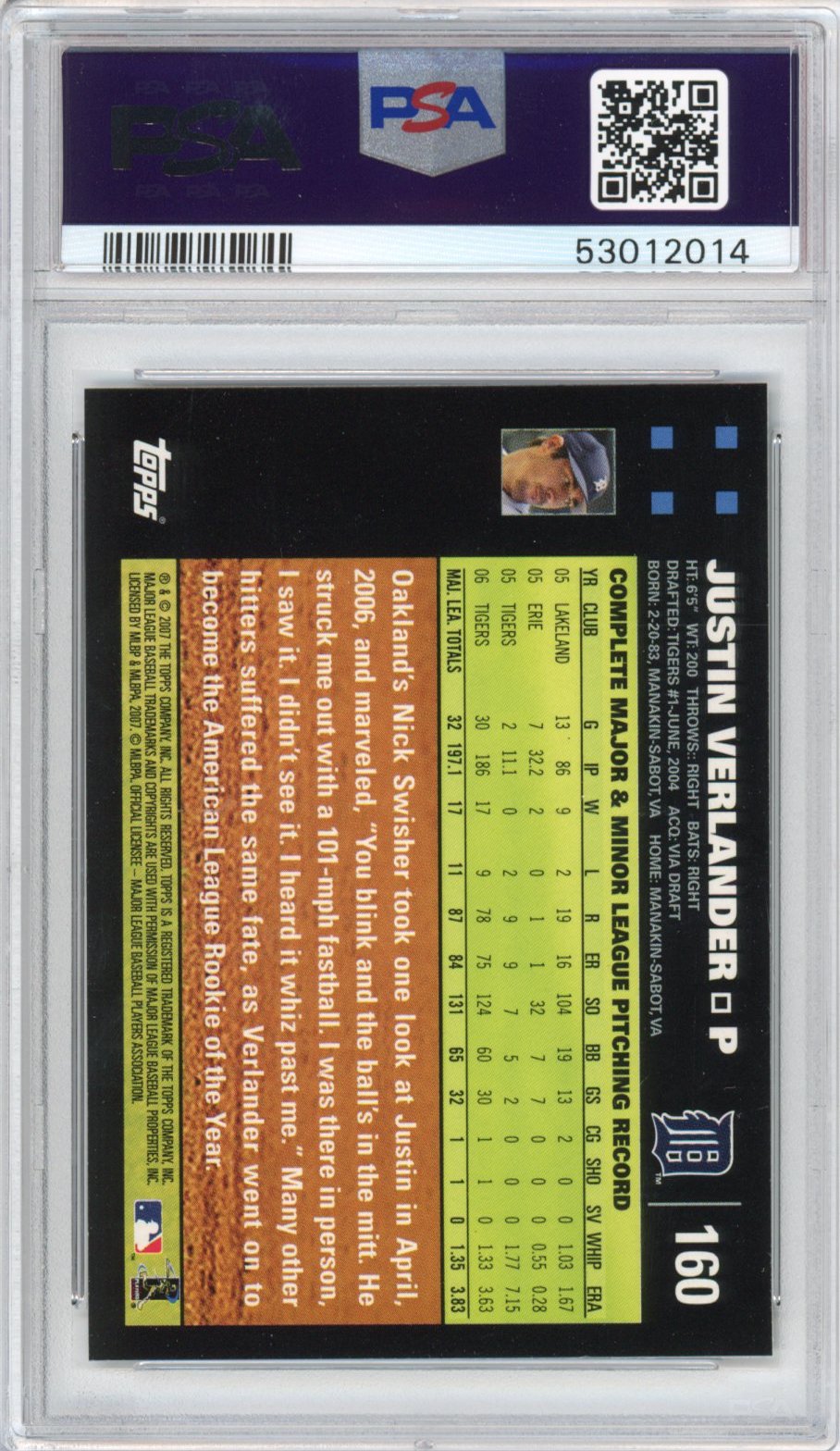Graded 2007 Topps Justin Verlander #160 Rookie Cup RC Baseball Card PSA 10 Gem Mint