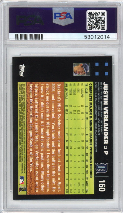 Graded 2007 Topps Justin Verlander #160 Rookie Cup RC Baseball Card PSA 10 Gem Mint