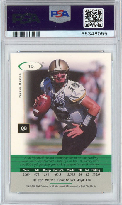 Graded 2001 Sage SA-GE Hit Drew Brees #15 Rookie RC Football Card PSA 10 Gem Mint