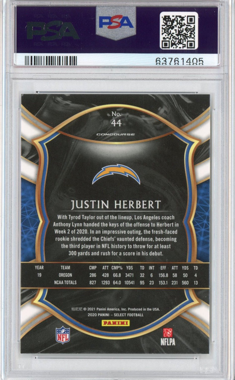 Graded 2020 Panini Select Justin Herbert #44 Concourse Rookie RC Football Card PSA 10 Gem Mint