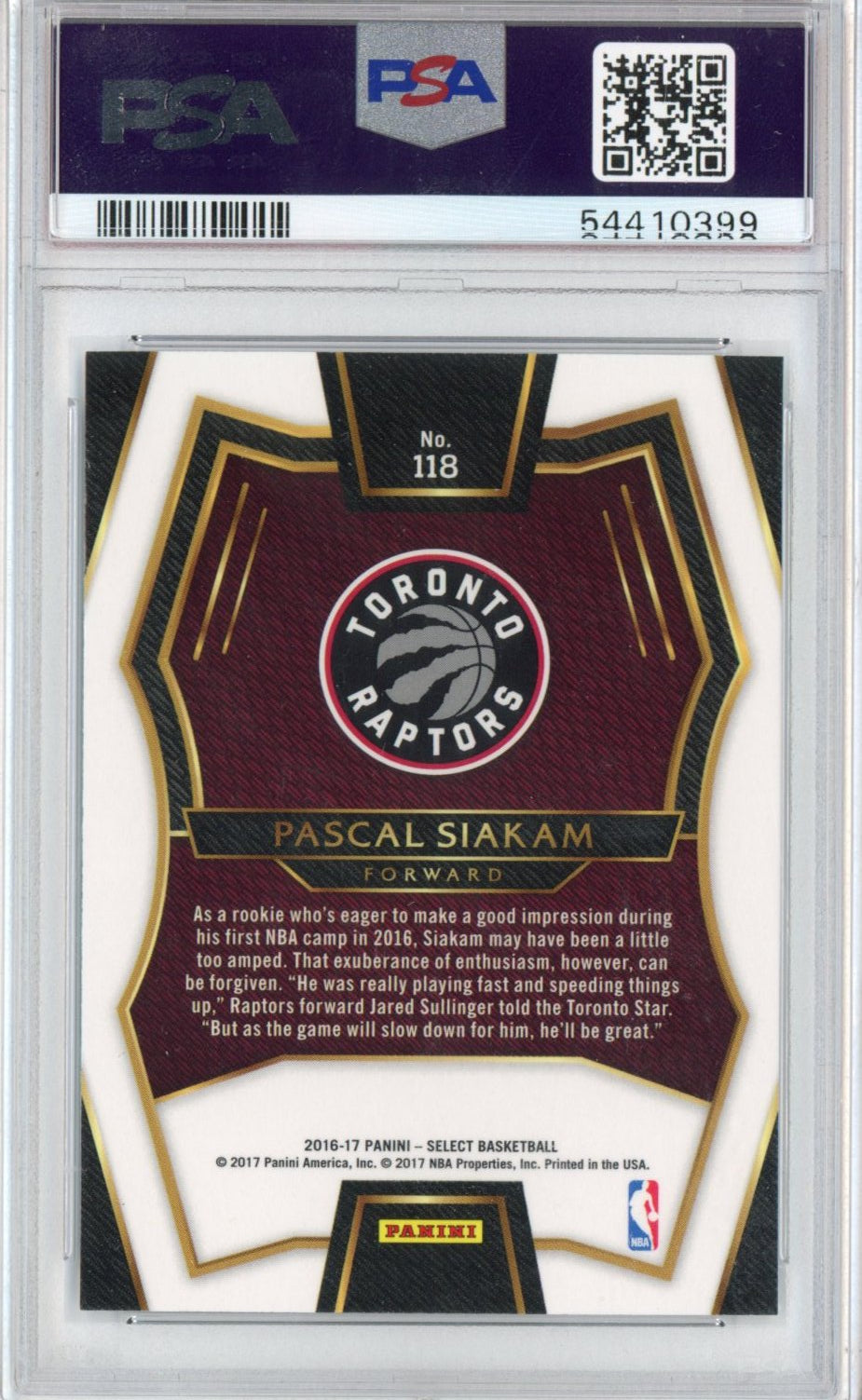 Graded 2016-17 Panini Select Pascal Siakam #118 Rookie RC Basketball Card PSA 10 Gem Mint