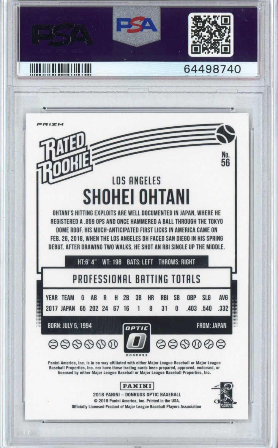 Graded 2018 Panini Donruss Optic Shohei Ohtani #56 Running Pink Refractor Rookie RC Baseball Card PSA 10 Gem Mint