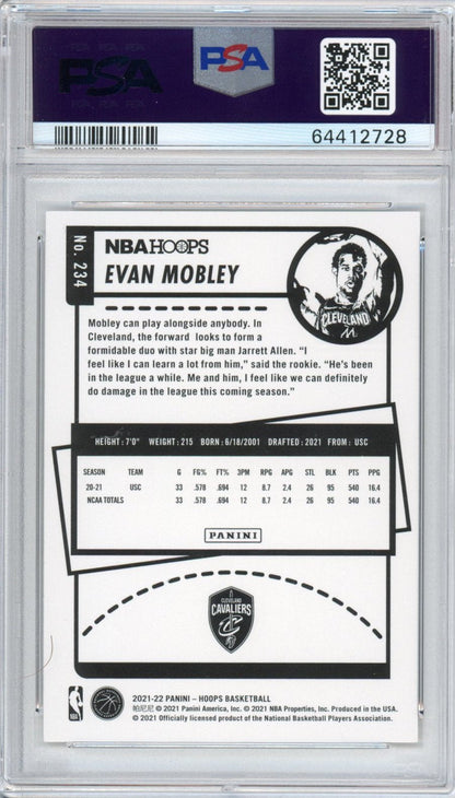 Graded 2021-22 Panini NBA Hoops Evan Mobley #234 Rookie RC Basketball Card PSA 10 Gem Mint
