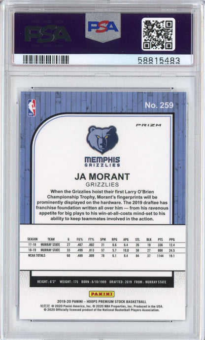 Graded 2019-20 Panini Hoops Premium Stock Ja Morant #259 Pulsar Rookie RC Basketball Card PSA 10 Gem Mint