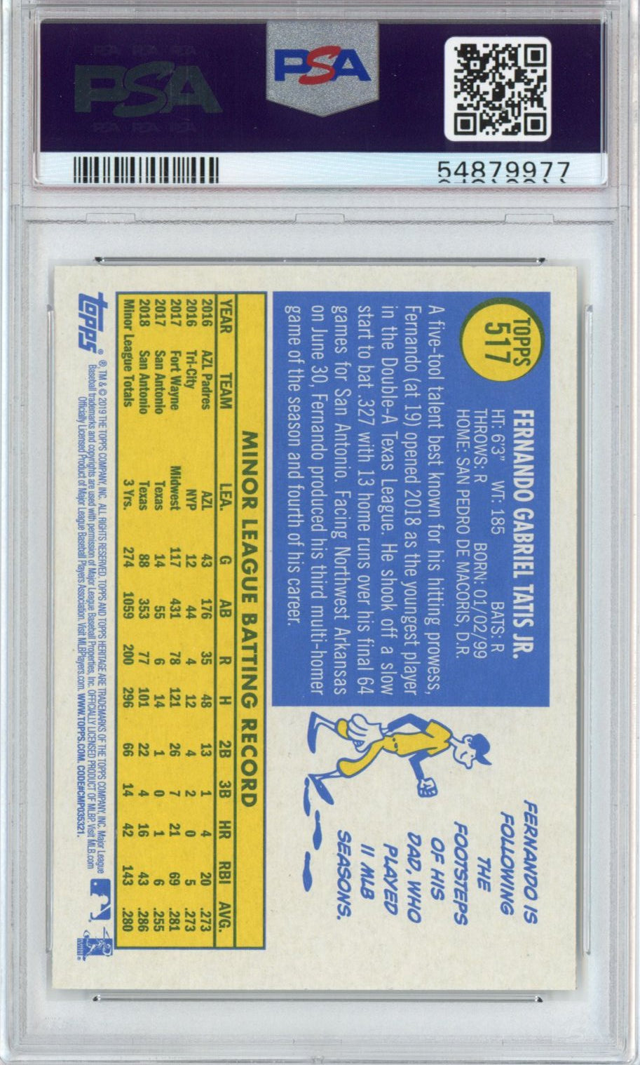 Graded 2019 Topps Heritage Fernando Tatis Jr. #517 Rookie RC Baseball Card PSA 10 Gem Mint