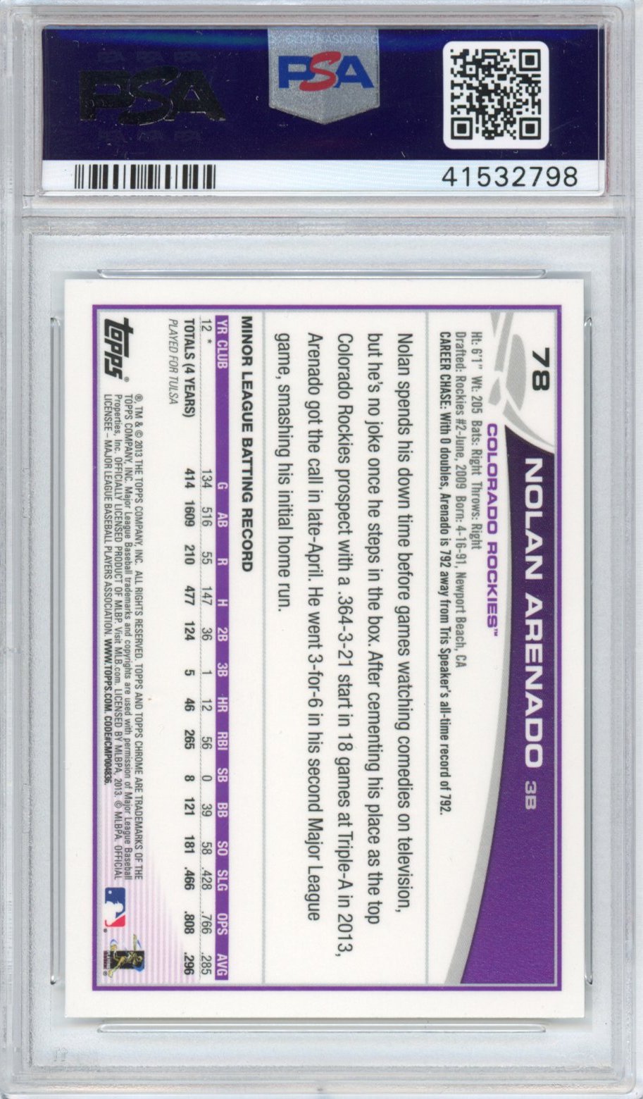 Graded 2013 Topps Chrome Nolan Arenado #78 Rookie RC Baseball Card PSA 10 Gem Mint