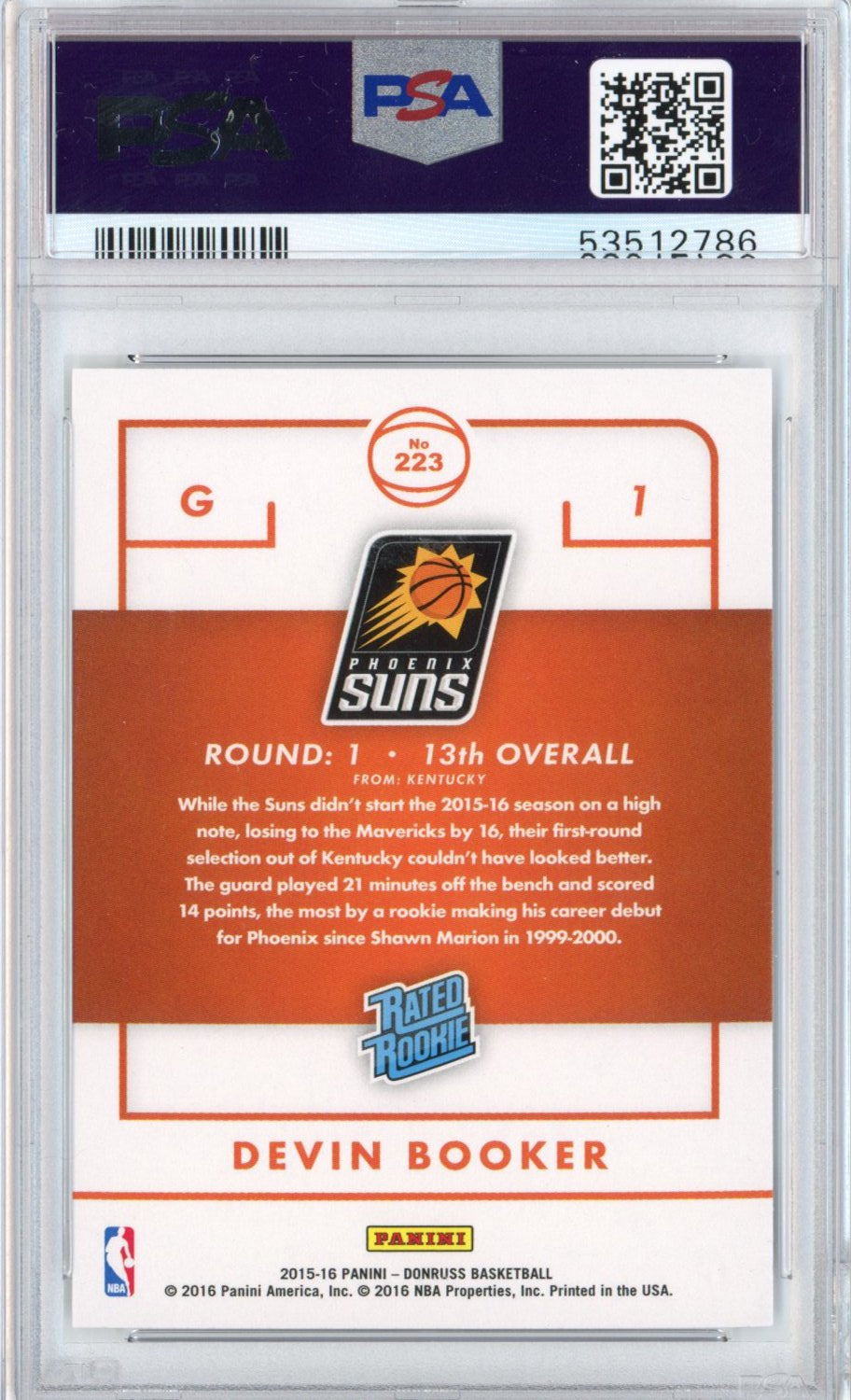 Graded 2015-16 Panini Donruss Devin Booker #223 Rated Rookie RC Basketball Card PSA 10 Gem Mint