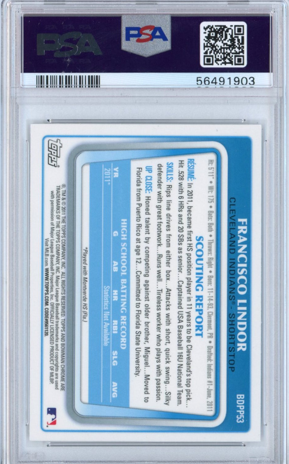 Graded 2011 Bowman Draft Chrome Prospects Francisco Lindor #BDPP53 Rookie RC Baseball Card PSA 10 Gem Mint