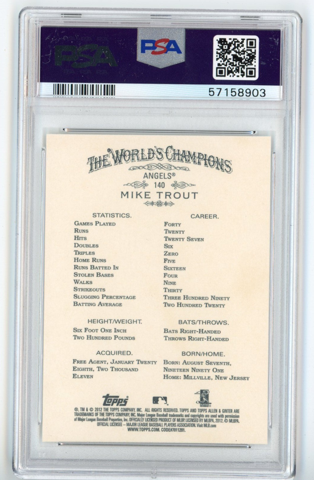 Graded 2012 Topps Allen & Ginter Mike Trout #140 Rookie RC Baseball Card PSA 10 Gem Mint