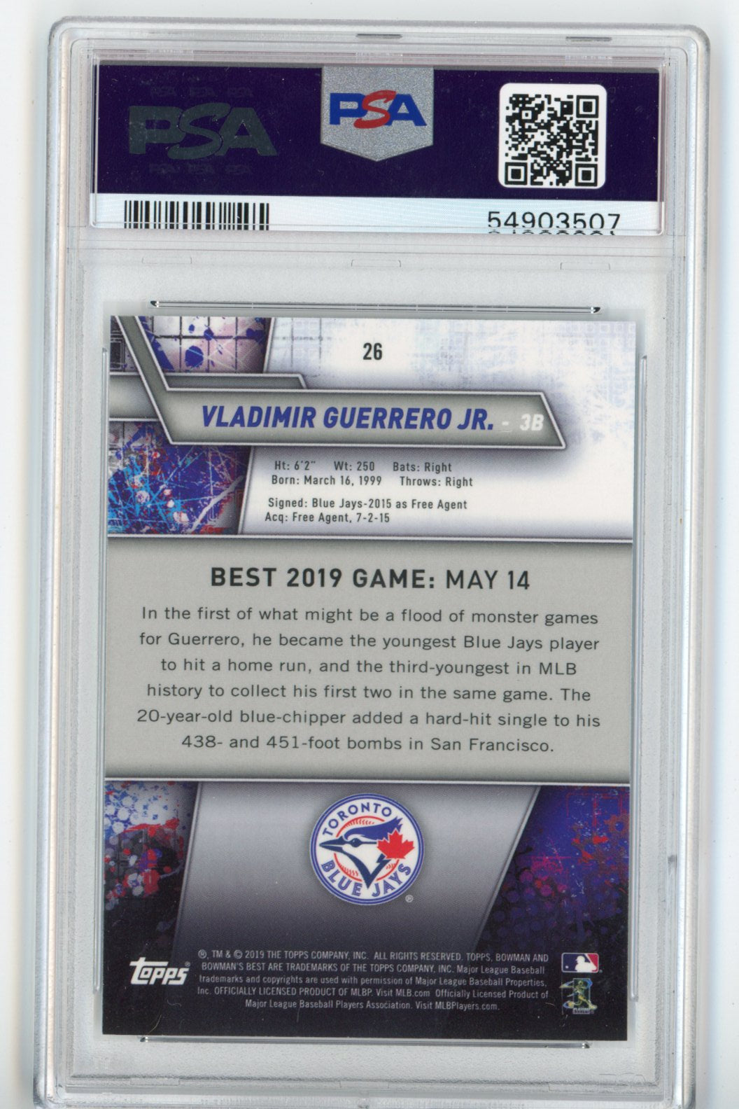 Graded 2019 Bowman's Best Vladimir Vlad Guerrero Jr. #26 Rookie RC Baseball Card PSA 10 Gem Mint