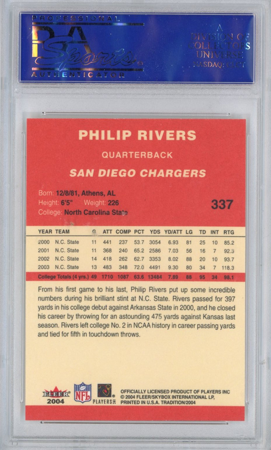 Graded 2004 Fleer Tradition Philip Rivers #337 Rookie RC Football Card PSA 10 Gem Mint