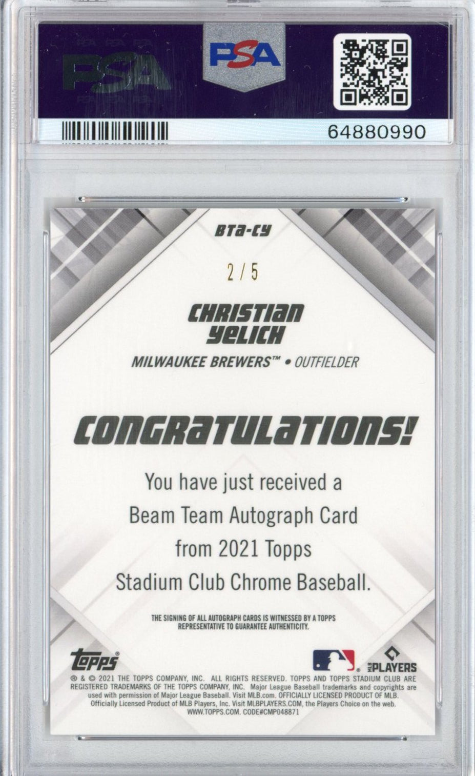 Graded 2021 Topps Stadium Club Chrome Christian Yelich #BTACY #2/5 Beam Team Auto Red Refractor Baseball Card PSA 10 Gem Mint