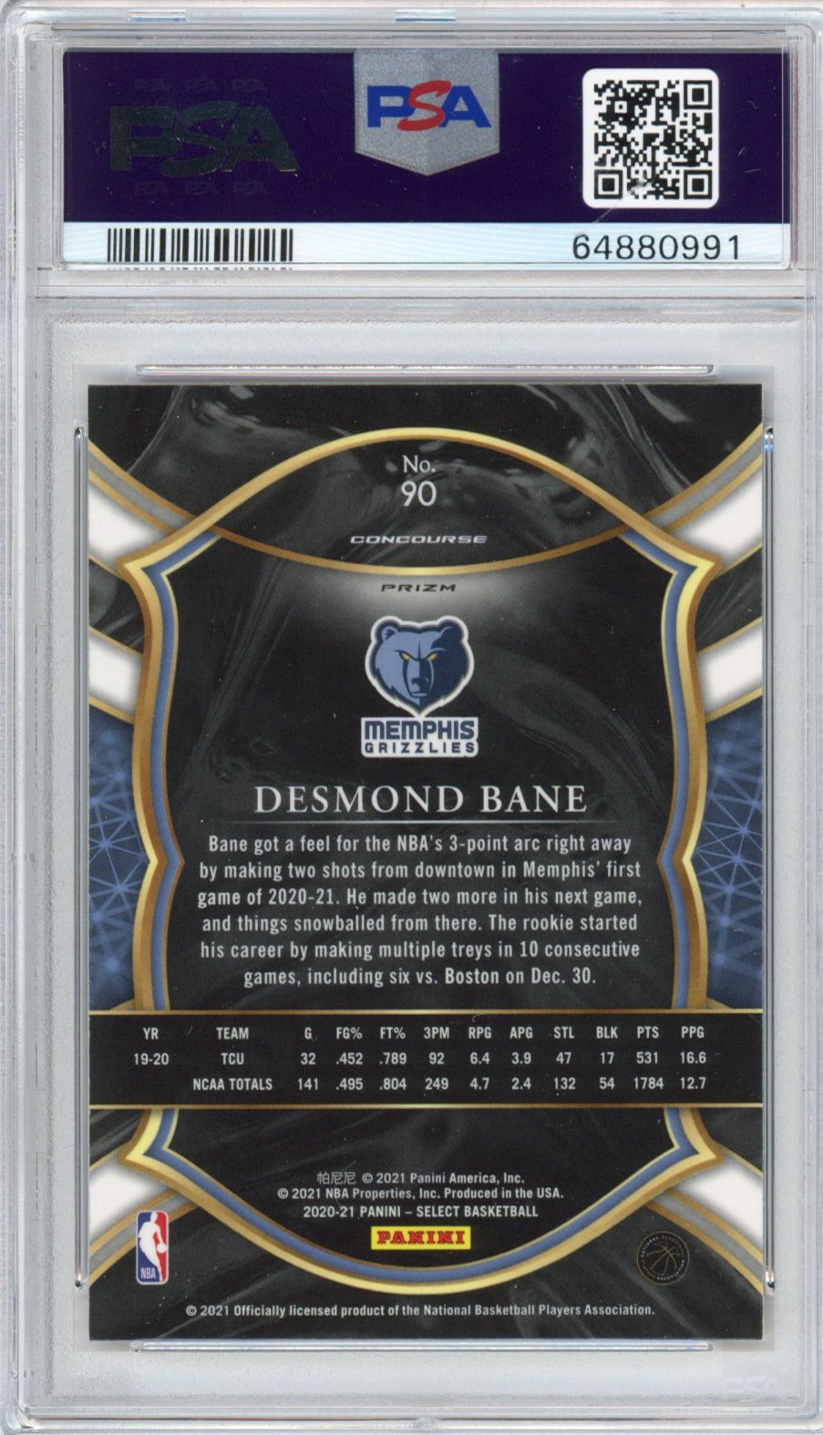 Graded 2020-21 Panini Select Desmond Bane #90 Concourse Red White Orange Shimmer Rookie RC Basketball Card PSA 10 Gem Mint