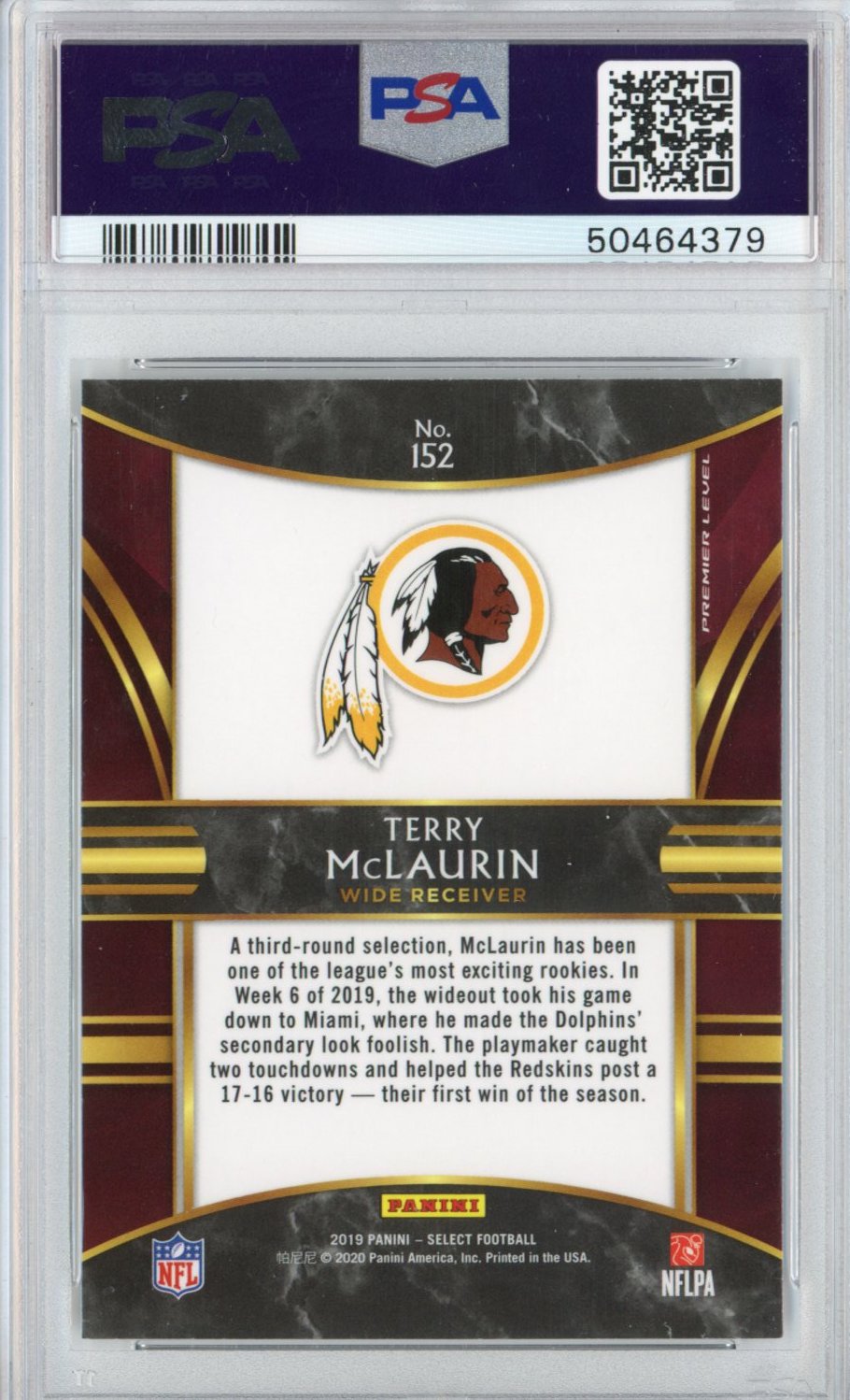 Graded 2019 Panini Select Terry McLaurin #152 Rookie RC Football Card PSA 10 Gem Mint