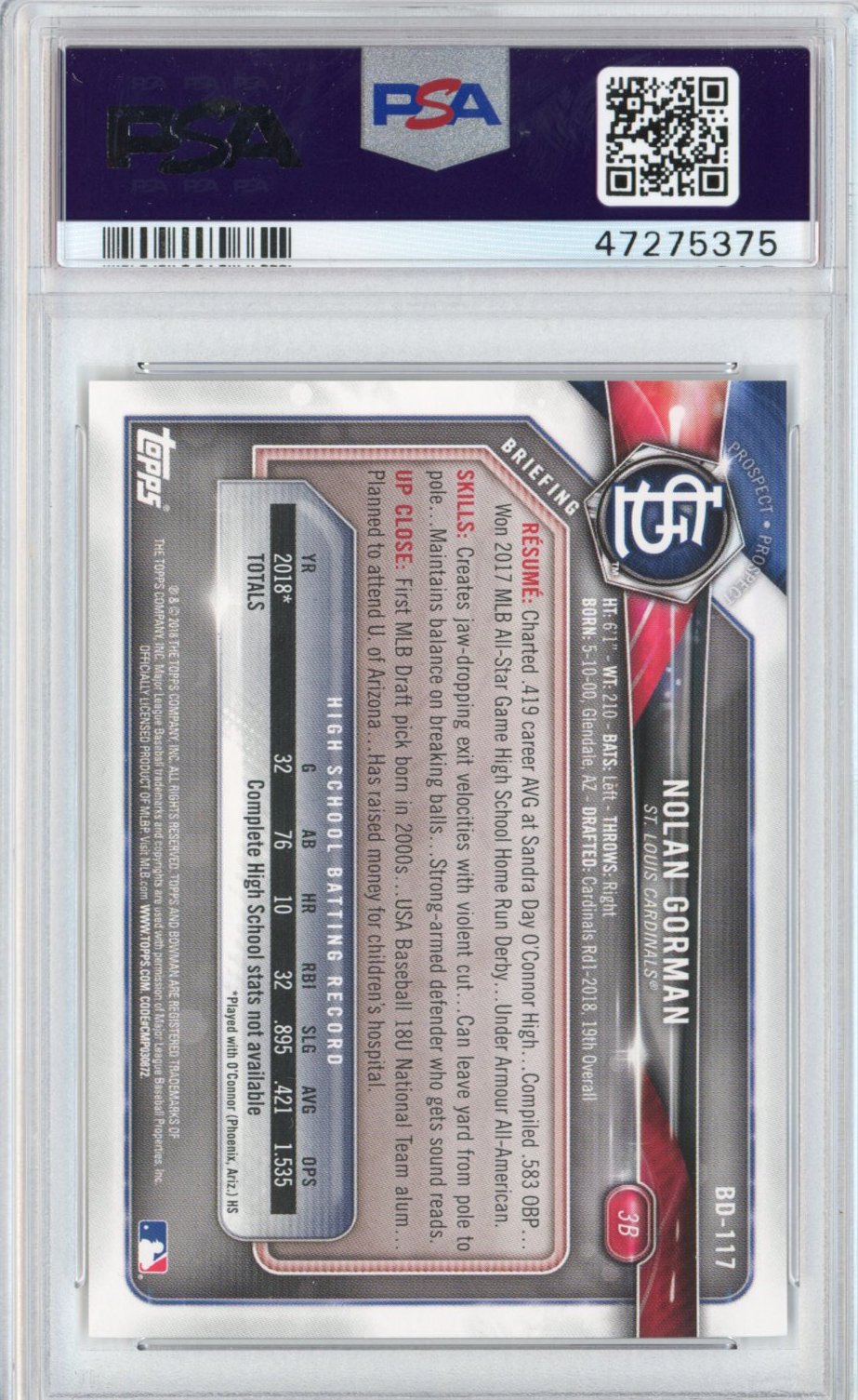Graded 2018 Bowman Draft Nolan Gorman #BD117 Rookie RC Baseball Card PSA 10 Gem Mint
