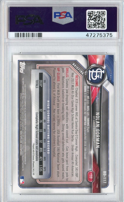 Graded 2018 Bowman Draft Nolan Gorman #BD117 Rookie RC Baseball Card PSA 10 Gem Mint