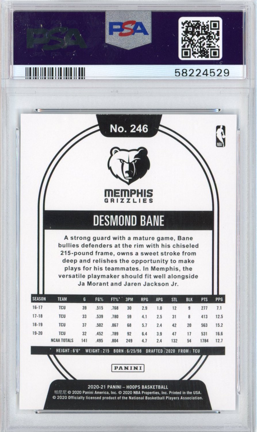 Graded 2020-21 Panini Hoops Desmond Bane #246 Rookie RC Basketball Card PSA 10 Gem Mint
