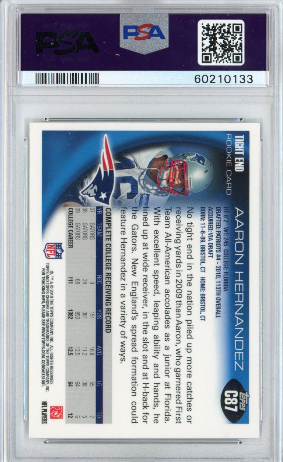 Graded 2010 Topps Chrome Aaron Hernandez #C87 Rookie RC Football Card PSA 10 Gem Mint