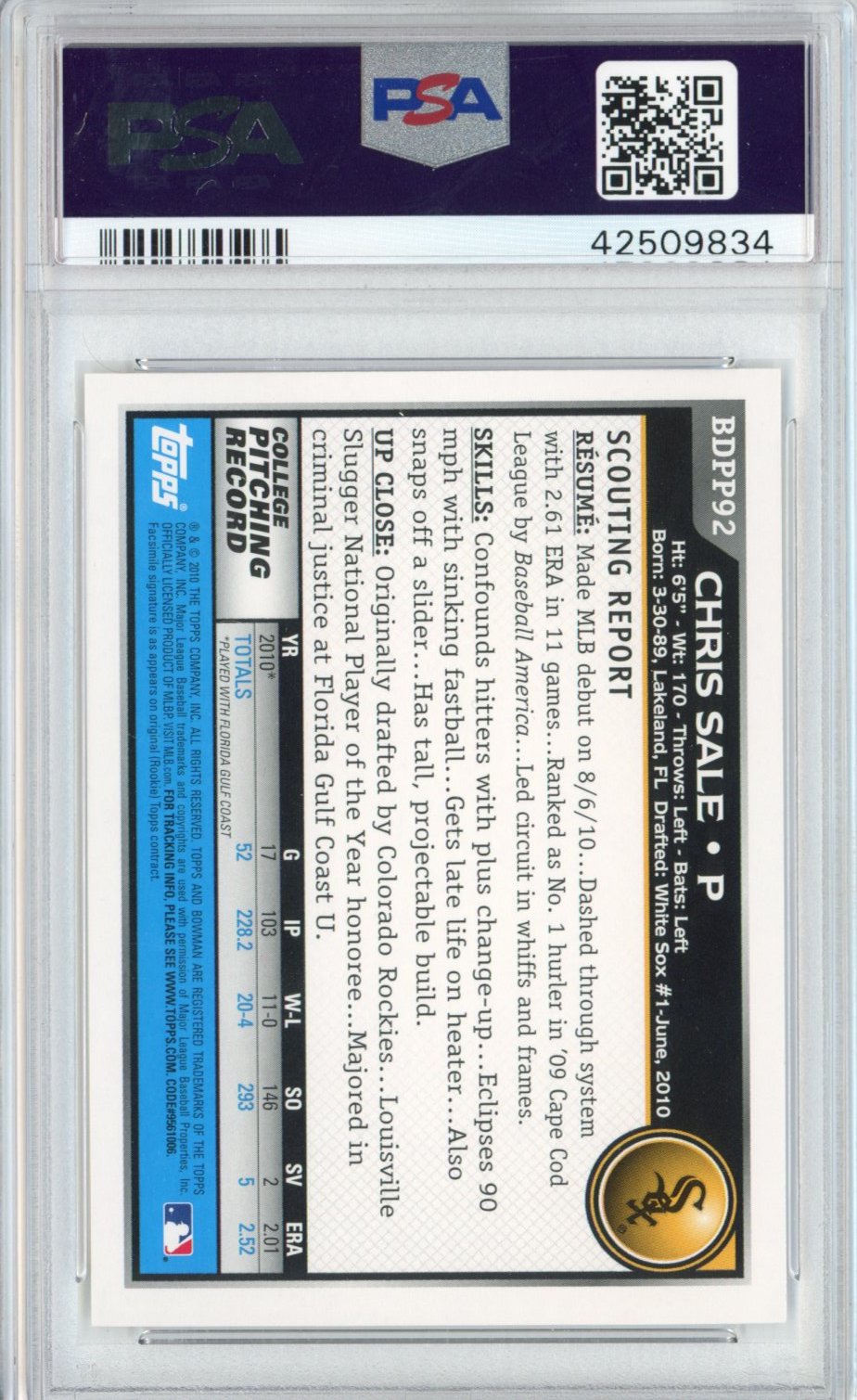 Graded 2010 Bowman Draft Picks & Prospects Chris Sale #BDPP92 Rookie RC Baseball Card PSA 10 Gem Mint