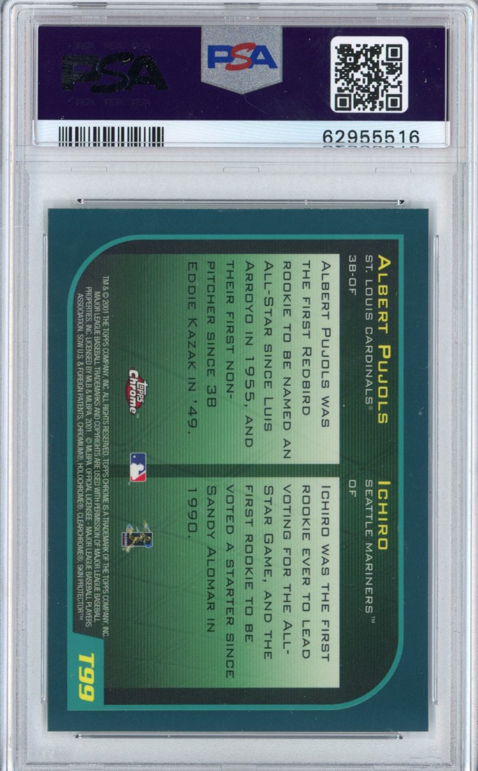 Graded 2001 Topps Chrome Traded Ichiro Suzuki Albert Pujols #T99 Rookie RC Baseball Card PSA 8 Near Mint