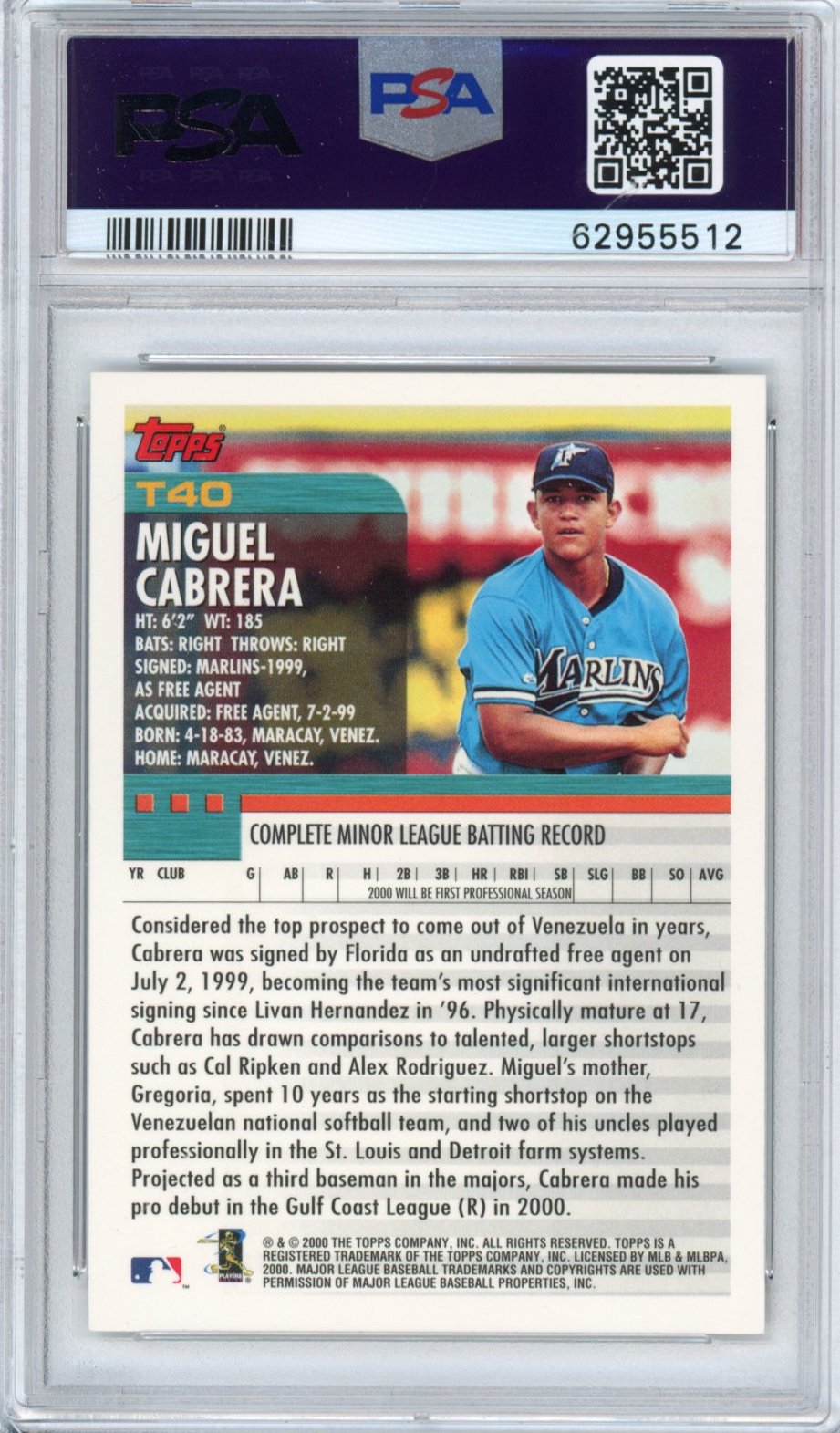 Graded 2000 Topps Traded Miguel Cabrera #T40 Rookie RC Baseball Card PSA 10 Gem Mint