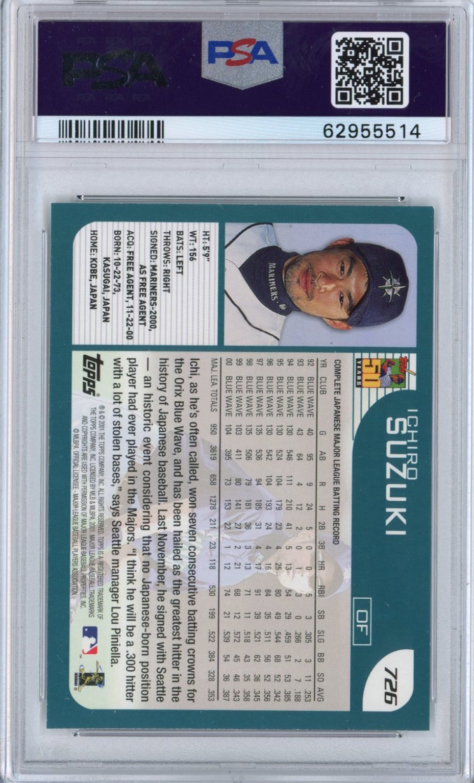 Graded 2001 Topps Ichiro Suzuki #726 Rookie RC Baseball Card PSA 9 Mint