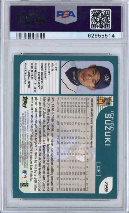 Graded 2001 Topps Ichiro Suzuki #726 Rookie RC Baseball Card PSA 9 Mint