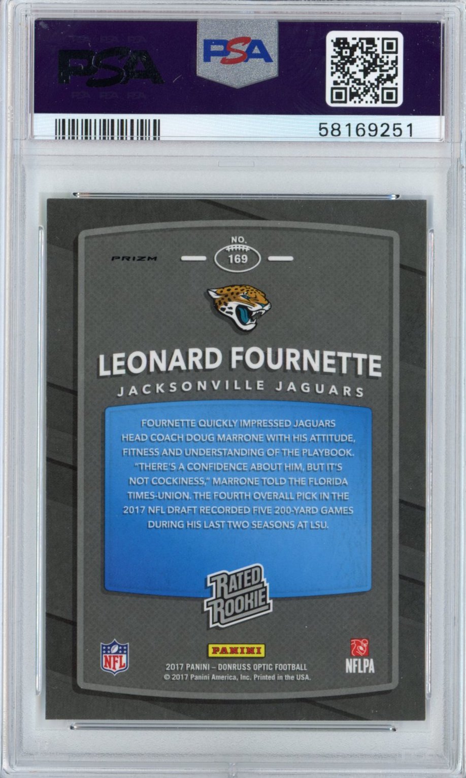 Graded 2017 Panini Donruss Optic Leonard Fournette #169 Lime Rookie RC Football Card PSA 10 Gem Mint