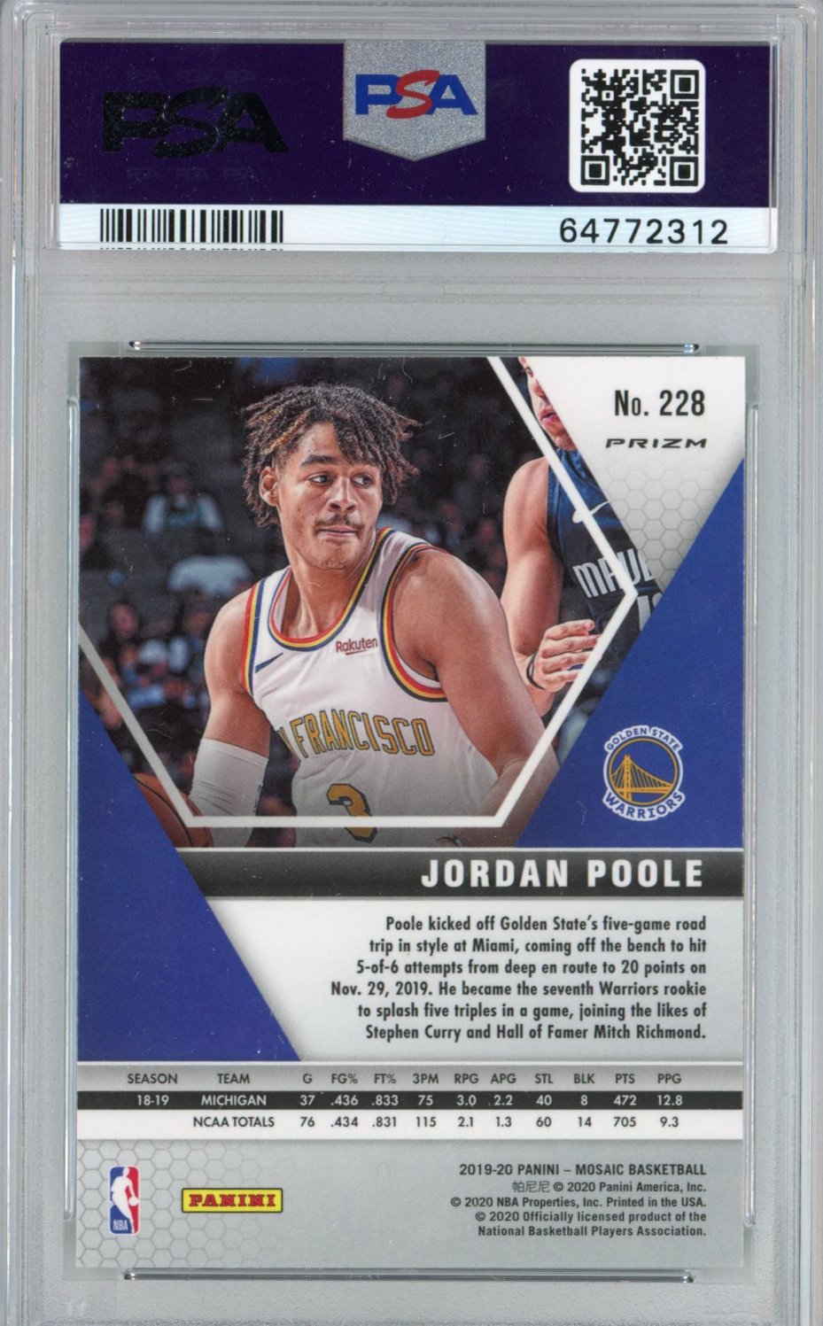 Graded 2019-20 Panini Mosaic Jordan Poole #228 Green Rookie RC Basketball Card PSA 10 Gem Mint