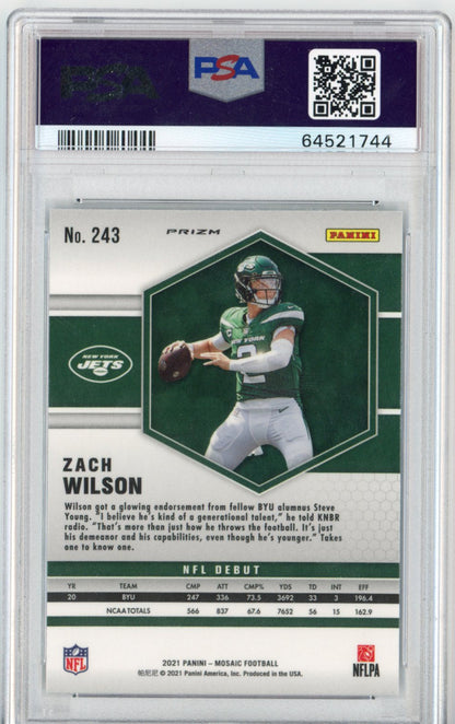 Graded 2021 Panini Mosaic Zach Wilson #243 Reactive Blue Rookie RC Football Card PSA 10 Gem Mint