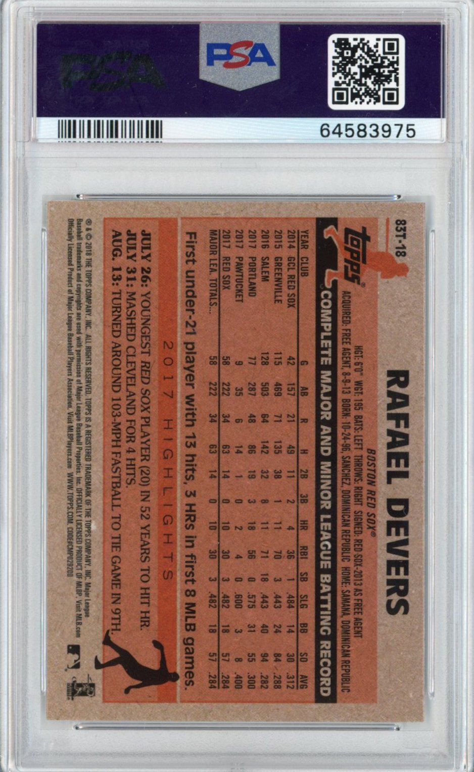 Graded 2018 Topps Chrome Rafael Devers #83T-18 1983 Rookie RC Baseball Card PSA 10 Gem Mint