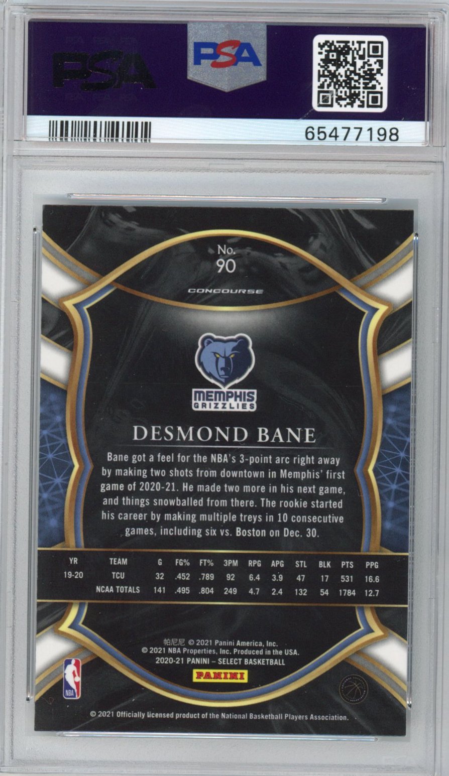 Graded 2020-21 Panini Select Desmond Bane #90 Blue Retail Rookie RC Basketball Card PSA 10 Gem Mint