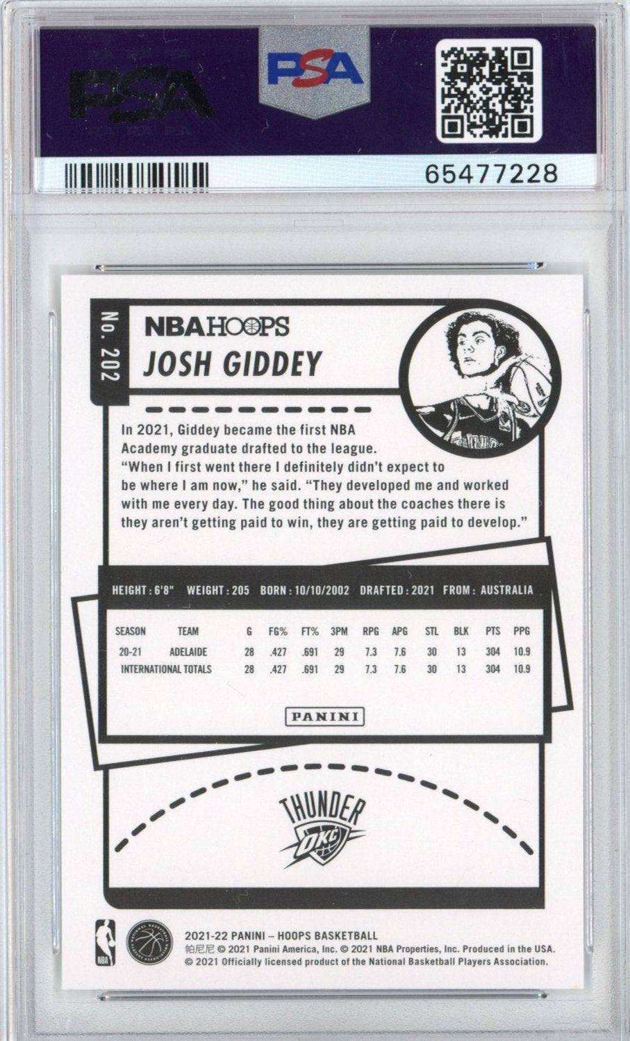Graded 2021-22 Panini NBA Hoops Josh Giddey #202 Rookie RC Basketball Card PSA 10 Gem Mint