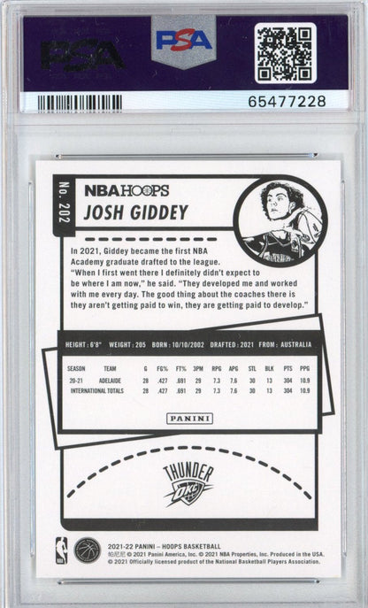 Graded 2021-22 Panini NBA Hoops Josh Giddey #202 Rookie RC Basketball Card PSA 10 Gem Mint