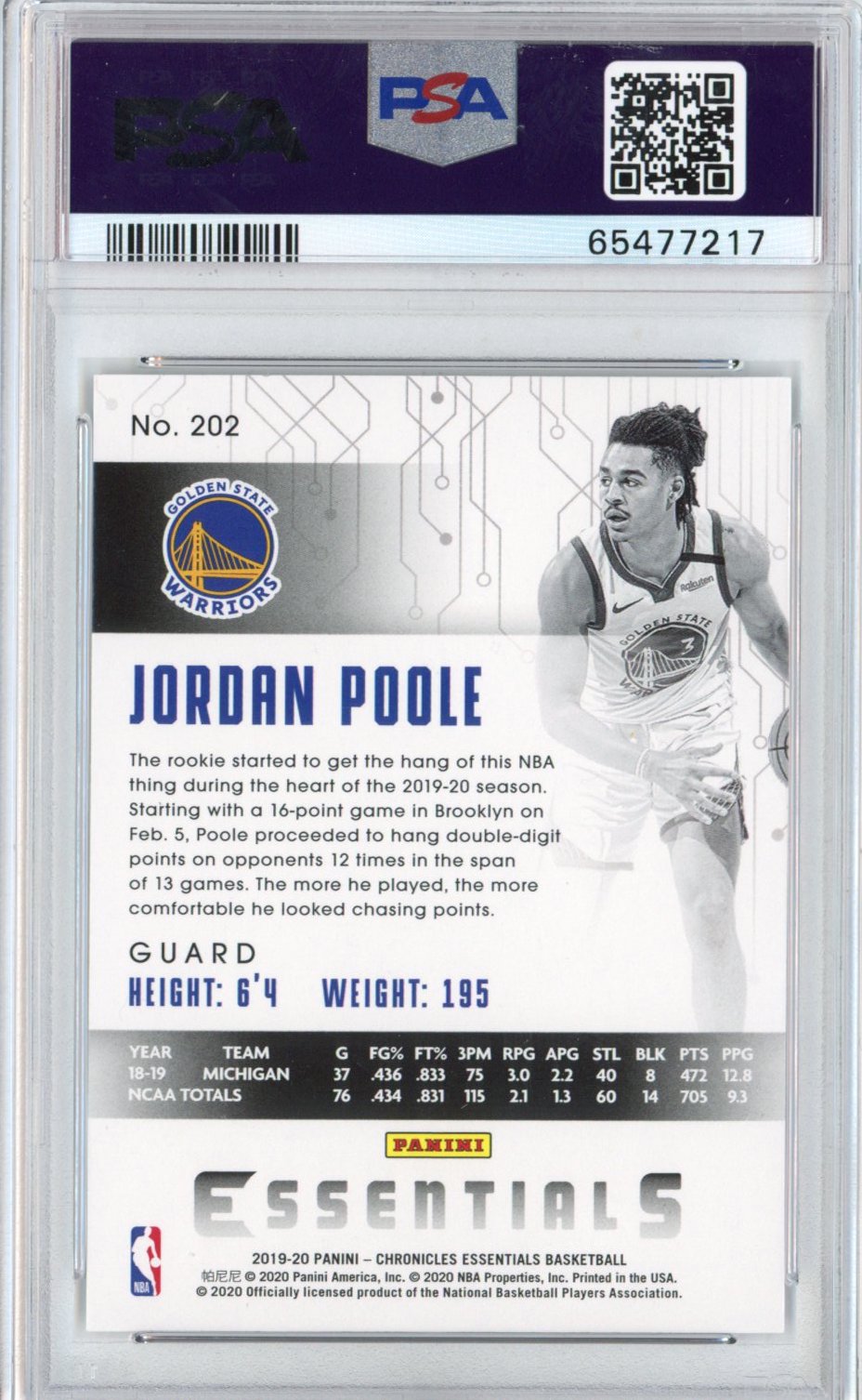 Graded 2019-20 Panini Chronicles Jordan Poole #202 Rookie RC Basketball Card PSA 10 Gem Mint